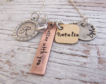 Personalized Mixed Metals Charm Necklace, Hand Stamped Names, Grandma Gift