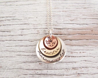 Hand Stamped Mothers Necklace, Mixed Metals, Personalized Kids Names