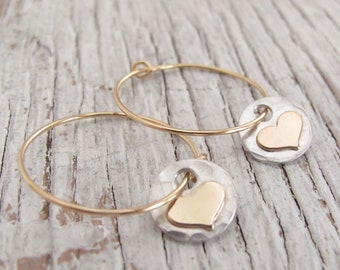 New! Gold Hoops with Charm, 14k, Sterling Circle with Gold Hearts, Charm Earrings