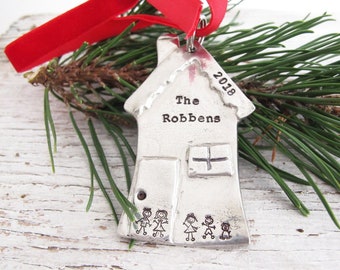 House Christmas Ornament, Personalized, First House Ornament, Silver Ornament, Family Name, Christmas Keepsake, Stick Figure Family