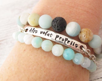 Inspirational Personalized Bracelet, Stacking Bracelet Set, Sterling, Amazonite, Graduation Gift, Alis volat propriis, She flies with her
