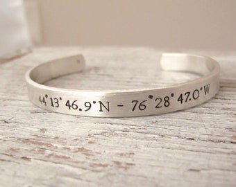 Men's Cuff Bracelet, Personalized, Sterling Silver, Hand Stamped, Latitude Longitude, Secret Message