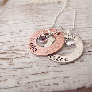 Personalized Family Jewelry, Hand Stamped Mother&#39;s Necklace, Kid&#39;s Names, 2 kids, Birthstones, Hammered, Rustic, Mother&#39;s Gift
