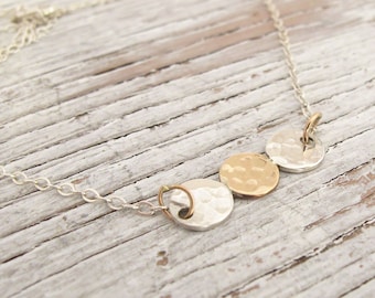 New! Dainty Gold and Silver Coin Necklace, Hammered, Everyday Necklace, Lightweight Jewelry, Layering Necklace