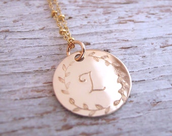 Gold Filled 14k Initial Necklace, Personalized and Hand Stamped, Medallion, Kids Initial, Mother Necklace