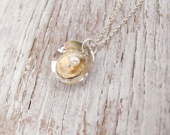 NEW! Silver and Gold Bowl Necklace, Moon and Sun, Hammered Nesting Necklace, Modern, Minimalist