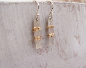 Silver Rectangle Earrings Wrapped in Gold Filled Wire, Sterling Silver