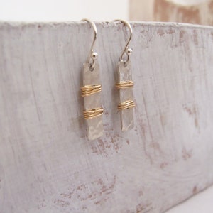 Silver Rectangle Earrings Wrapped in Gold Filled Wire, Sterling Silver