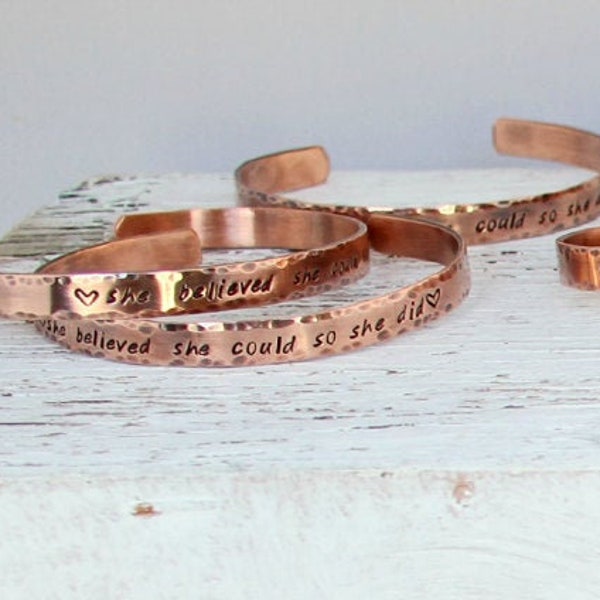 She Believed She Could So She Did, Copper, Bracelet, Cuff, Inspirational, Hand Stamped, Graduation Gift