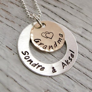 Personalized Grandmother Necklace, Handstamped, Mother&#39;s Necklace, Gold and Silver, Kids Names, For Grandma, Mother, Nana