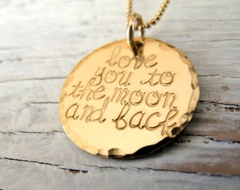 Gold love you to the moon and back necklace, doubled, layered, hand stamped, crescent moon