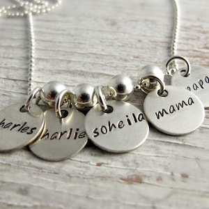 Grandkid Name Necklace, Hand Stamped Grandmother Necklace, Personalized Jewelry, 3 to 8 charms, Sterling Silver Discs, Mother's Gift image 3