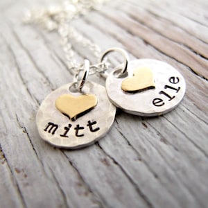 BEST SELLING, Kids Name Necklace, Hand Stamped, Sterling Silver, Hammered, Gold Hearts, Personalized, Mother's Necklace