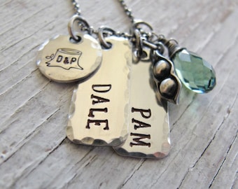 Collar infantil de plata de ley con nombre grabado a mano, cristal de piedra natal, joyería familiar personalizada
