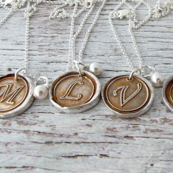 Initial Necklace, Wax Seal Necklace, Initial Jewelry, Copper Patina, Hand Stamped, Fine Silver, .999, Rustic Jewelry, Mother's Necklace