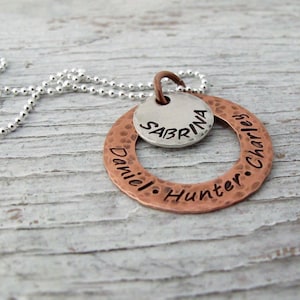 Necklace for Mom with Kids Names, Copper and Sterling Silver, Mixed Metals, Hand Stamped, Mother&#39;s Necklace, Christmas Gift
