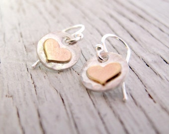 Silver and Gold Heart Earrings, Small Hearts, Gift for Her, Ready to Ship
