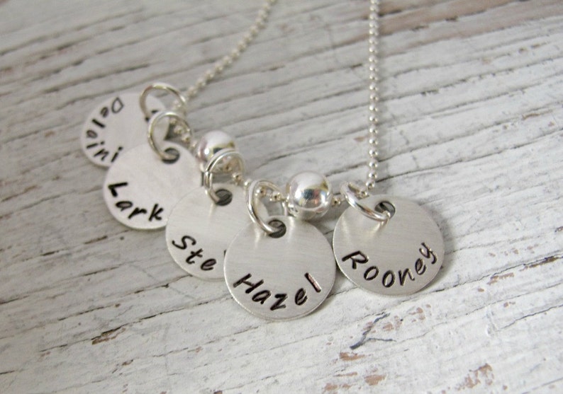 Grandkid Name Necklace, Hand Stamped Grandmother Necklace, Personalized Jewelry, 3 to 8 charms, Sterling Silver Discs, Mother's Gift image 6