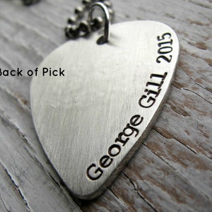 Personalized Guitar Pick Necklace, DOUBLE SIDED, Father's Gift, Hand Stamped, Sterling Silver, Where words fail music speaks image 2