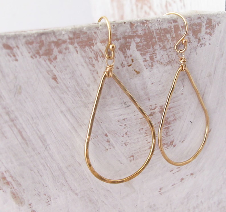 14k Gold Filled Teardrop Earrings, Hammered, Lightweight, Modern, READY TO SHIP, Gift for Her image 1