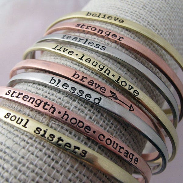 Skinny Cuffs, Hand Stamped With Your Text, Silver, Copper, Gold Toned, Inspirational Jewelry, Stamped Bracelet, believe, blessed, brave