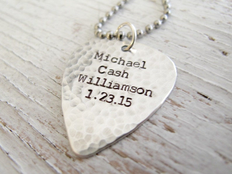 Personalized Guitar Pick Necklace, DOUBLE SIDED, Father's Gift, Hand Stamped, Sterling Silver, Where words fail music speaks image 3