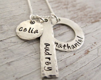 3 Kid's Name Necklace, Personalized Mother's Necklace, Grandmother, Grandkids Names, Hand Stamped