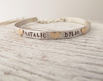 Personalized Sterling and Gold Cuff Bracelet, Hand Stamped Mother's Bracelet, Grandmother's Bracelet, Mother's Day Gift