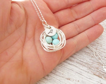 Mother's Necklace, Birthday Gift for Mom, Personalized Jewelry, Mom of Three, Silver Bird Nest, Wire Wrapped, Robin Egg Necklace, Mama Bird