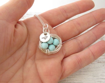 Mother's Necklace, Birthday Gift for Mom, Personalized Jewelry, Mom of Four, Silver Bird Nest, Wire Wrapped, Robin Egg Necklace, Mama Bird