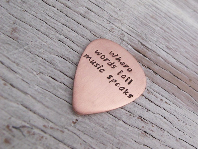 Where Words Fail Music Speaks, I Pick You, Personalized Copper Guitar Pick w/Leather Keychain Holder, Musician, Guitar Player image 2