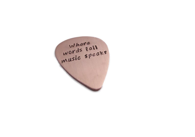 Where Words Fail Music Speaks, I Pick You, Personalized Copper Guitar Pick w/Leather Keychain Holder, Musician, Guitar Player image 1