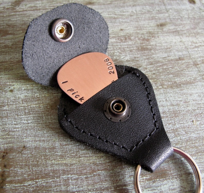 Where Words Fail Music Speaks, I Pick You, Personalized Copper Guitar Pick w/Leather Keychain Holder, Musician, Guitar Player image 5