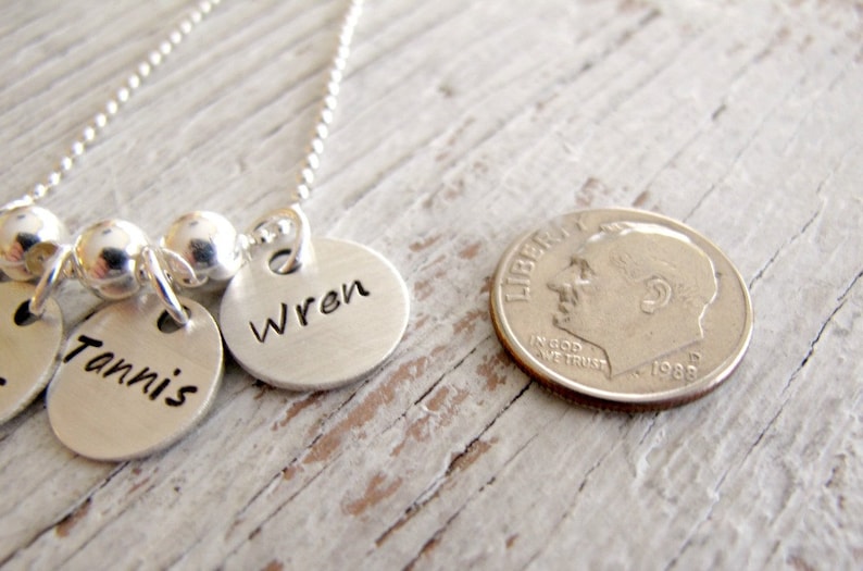 Grandkid Name Necklace, Hand Stamped Grandmother Necklace, Personalized Jewelry, 3 to 8 charms, Sterling Silver Discs, Mother's Gift image 4