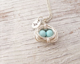 Mother's Necklace, Silver Bird Nest, Wire Wrapped, Robin Egg Necklace, Mama Bird, Two Kids