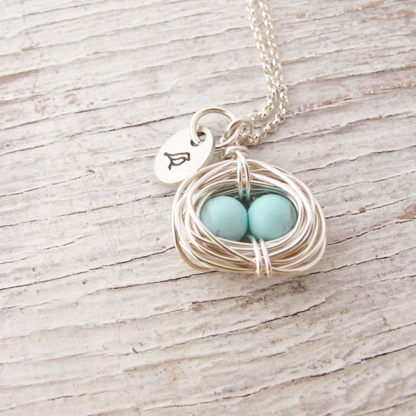 Mother's Necklace, Silver Bird Nest, Wire Wrapped, Robin Egg Necklace, Mama Bird, Two Kids