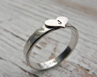 Personalized Ring, Hand Stamped, Initial, Sterling Silver, Heart Ring, Hammered, Mother's Day Gift