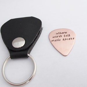 Where Words Fail Music Speaks, I Pick You, Personalized Copper Guitar Pick w/Leather Keychain Holder, Musician, Guitar Player image 3