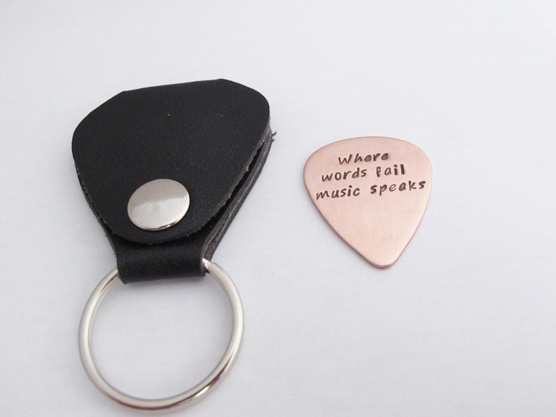 Where Words Fail Music Speaks, I Pick You, Personalized Copper Guitar Pick w/Leather Keychain Holder, Musician, Guitar Player image 3