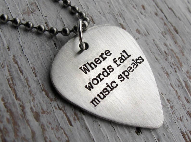 Personalized Guitar Pick Necklace, DOUBLE SIDED, Father's Gift, Hand Stamped, Sterling Silver, Where words fail music speaks image 1