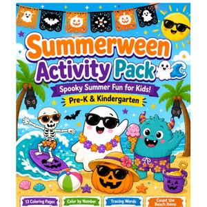 夏のハロウィン幼児向けアクティビティパック、印刷可能な子供向けワークシート、塗り絵、なぞり書き、マッチングゲーム（PDF）