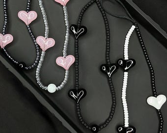 Handmade Heart Beaded Phone Strap: Y2K Goth Kawaii Wrist Lanyard