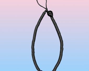 Gothic Skull Phone Strap with Black Matte Heishi Beads & Evil Eye Charm, Handmade Edgy Lanyard for Alt Grunge Aesthetic