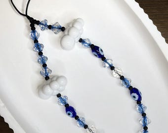 Cloud & Heart Beaded Phone Strap Handmade Kawaii Wrist Lanyard with Pastel Evil Eye Charms Cute Aesthetic Accessory for Phones Bags