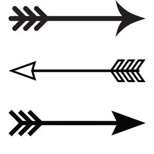 May include: Three black arrow designs on a white background. Each arrow has a different arrowhead and fletching style. The bottom of the image includes the text "INCLUDES: SVG - PNG - PDF - EPS - DXF".