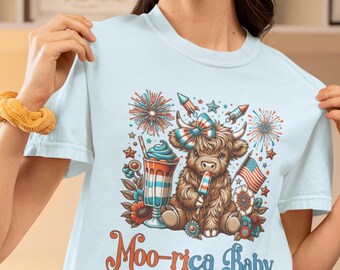 Camiseta patriótica para el 4 de julio, camiseta de Estados Unidos, camiseta de EE. UU. para ella, camiseta del 4 de julio, camiseta del Día de la Independencia, camiseta de vaca de las Tierras Altas