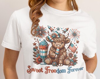 Camiseta patriótica para el 4 de julio, camiseta de Estados Unidos, camiseta de EE. UU. para ella, camiseta del 4 de julio, camiseta del Día de la Independencia, camiseta de vaca de las Tierras Altas