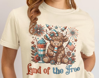 Camiseta patriótica para el 4 de julio, camiseta de Estados Unidos, camiseta de EE. UU. para ella, camiseta del 4 de julio, camiseta del Día de la Independencia, camiseta de vaca de las Tierras Altas