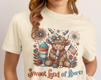 Camiseta patriótica para el 4 de julio, camiseta de Estados Unidos, camiseta de EE. UU. para ella, camiseta del 4 de julio, camiseta del Día de la Independencia, camiseta de vaca de las Tierras Altas
