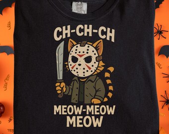 Funny Halloween Cat Shirt Retro Horror Movie Parody TShirt Cute Scary Cat Graphic Shirt Jason Mask Cat Shirt Spooky Shirt for Cat Lover Gift